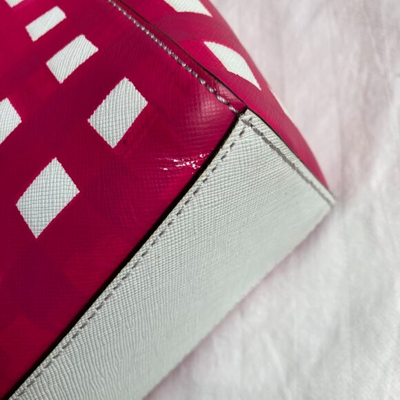 COACH | Madison Pink Check Gingham North-South Crossbody Leather Tote Handbag - Picture 13 of 16